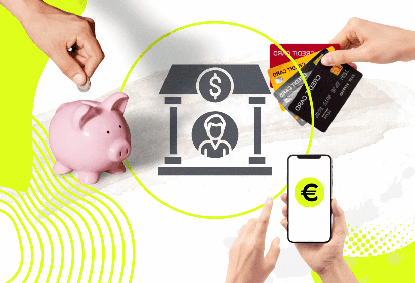 imagen de banco rodeada de las operaciones más comunes de las cuentas bancarias: ingreso, pago, ahorro