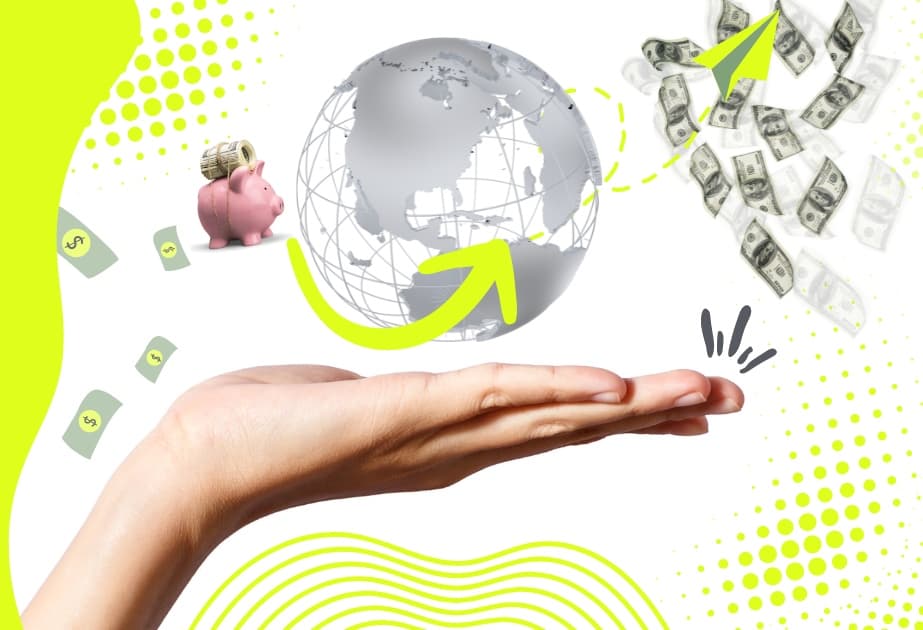 mano sosteniendo un mundo donde se envia dinero de un lado a otro