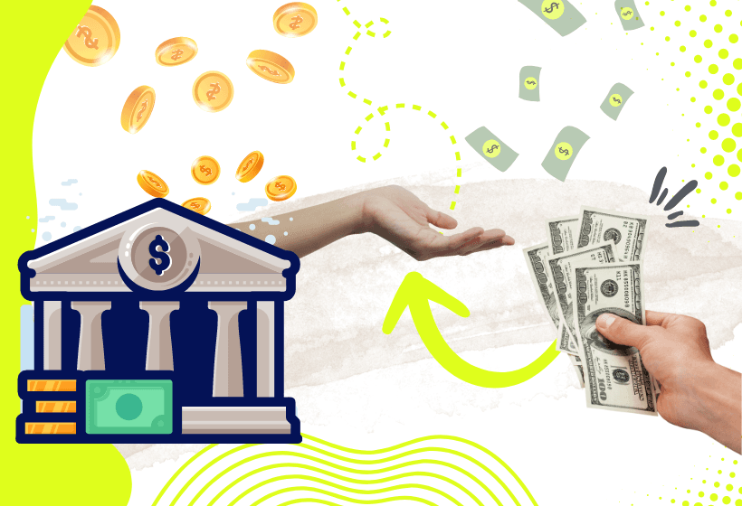 imagen de mano saliendo del banco para recibir el dinero de las comisiones bancarias