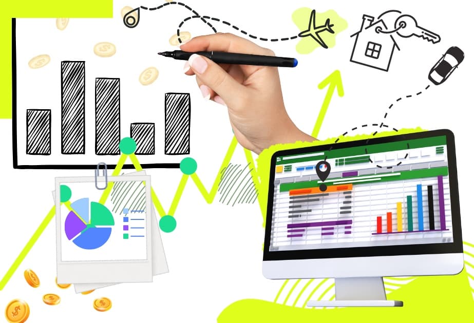 mano dibujando componentes de la planificacion financiera:plan, gráfico, dinero, presupuesto, Excel, casa, viaje