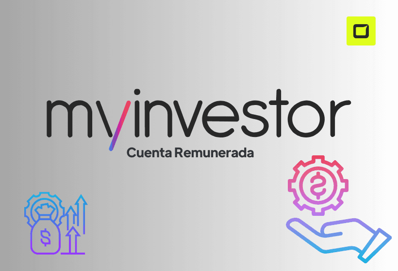 logo de myinvestor cuenta remunerada con letras negras y fondo gris, ademas con siluetas de una mano y una bolsa de dinero