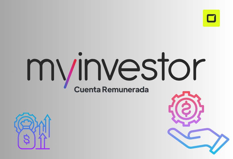 logo de myinvestor cuenta remunerada con letras negras y fondo gris, ademas con siluetas de una mano y una bolsa de dinero
