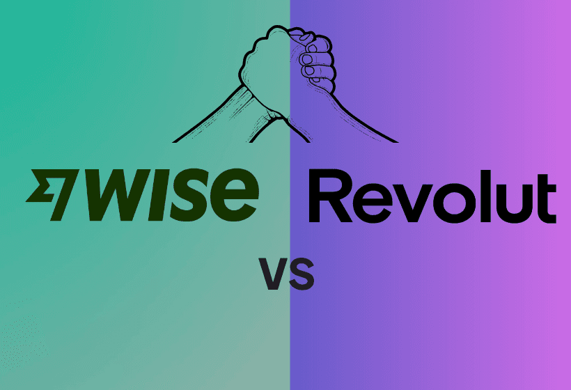 Logo de wise vs revolut con letras color negro y fondo bi color morado y verde y una silueta de dos manos luchando para ganar