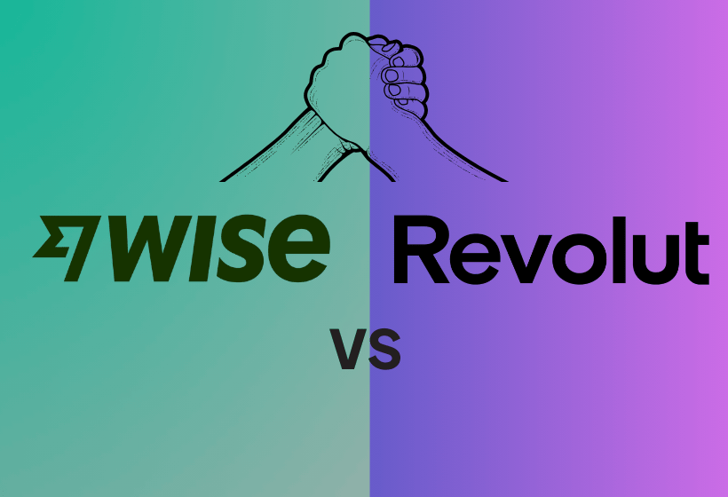 Logo de wise vs revolut con letras color negro y fondo bi color morado y verde y una silueta de dos manos luchando para ganar
