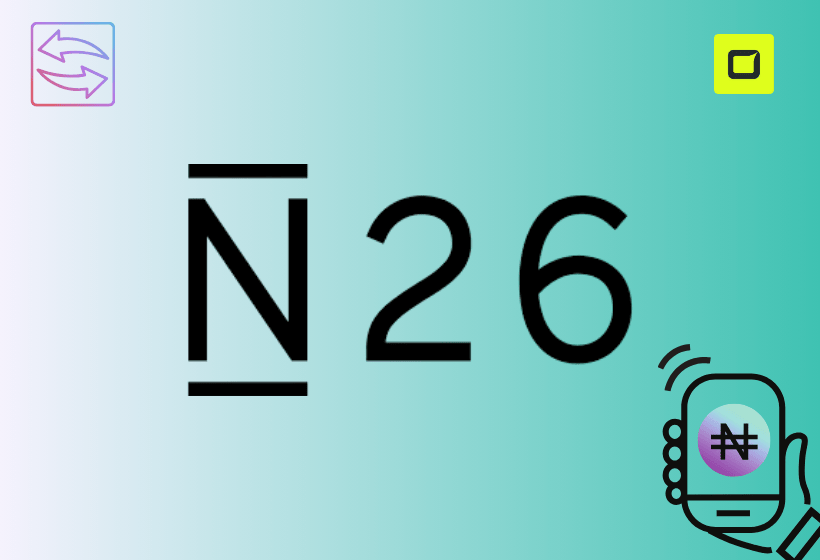 logo de n26 bank con un fondo degradado de color verde agua y letras negras