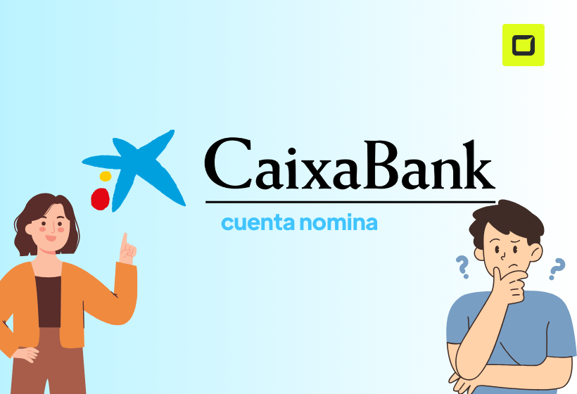 logo de CaixaBank cuenta nomina con letras negras y fondos azules y blanco