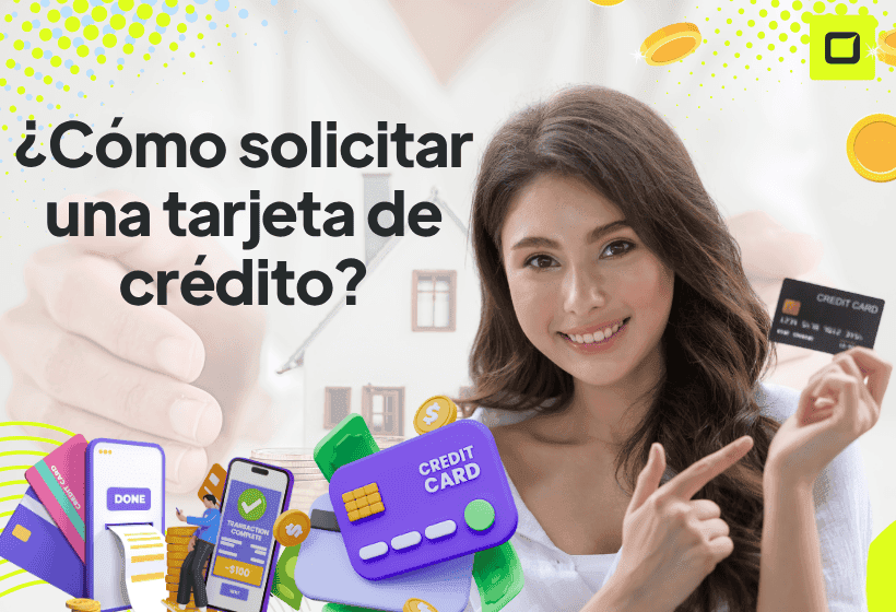 chica con una tarjeta de crédito en mano, corriendo porque pudo solicitar al banco su tarjeta