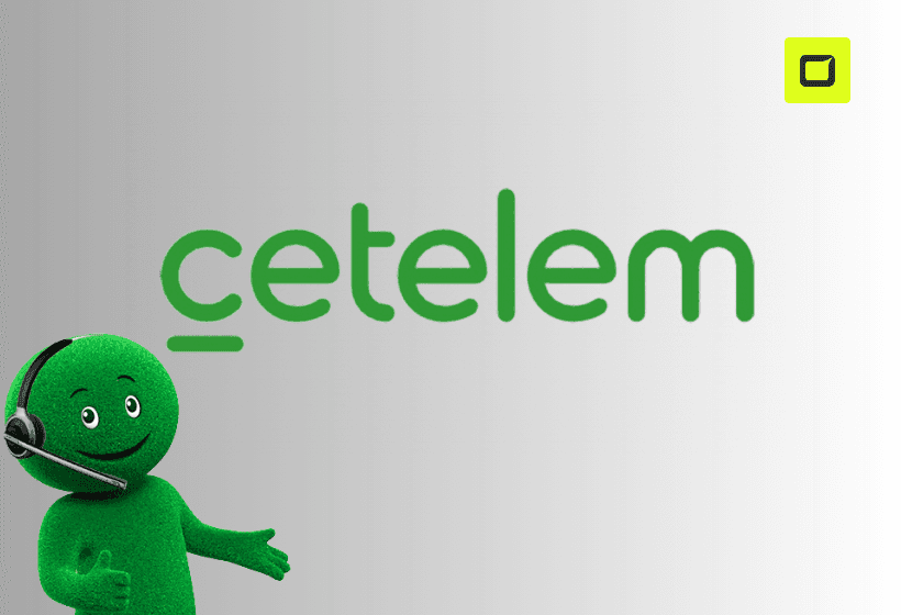 Logo y muñeco animado de cetelem en color verde y con fondo gris