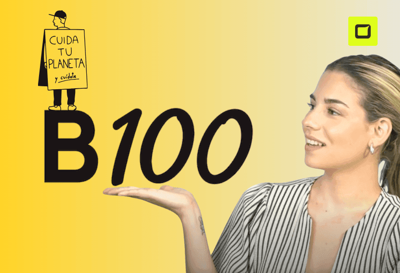 logo de banco b100 y logo de abanca, en letras negras y con fondo amarill, con dos siluetas de personas una haciendo ejercicio y otra lanzándose de un cohete
