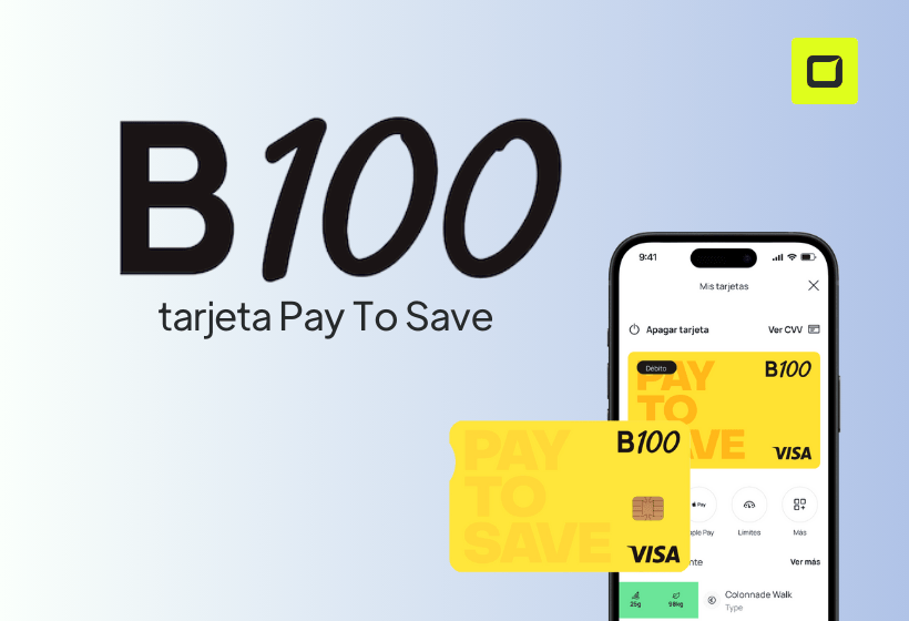 logo de la tarjeta b100 pay to sayaguesa, con icono de la tarjeta en color amarillo y un teléfono movil que muestra la aplicación de b100