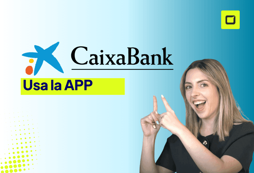 Patricia De Abreu explicando como usar la App de CaixaBank con logo y fondo color azul