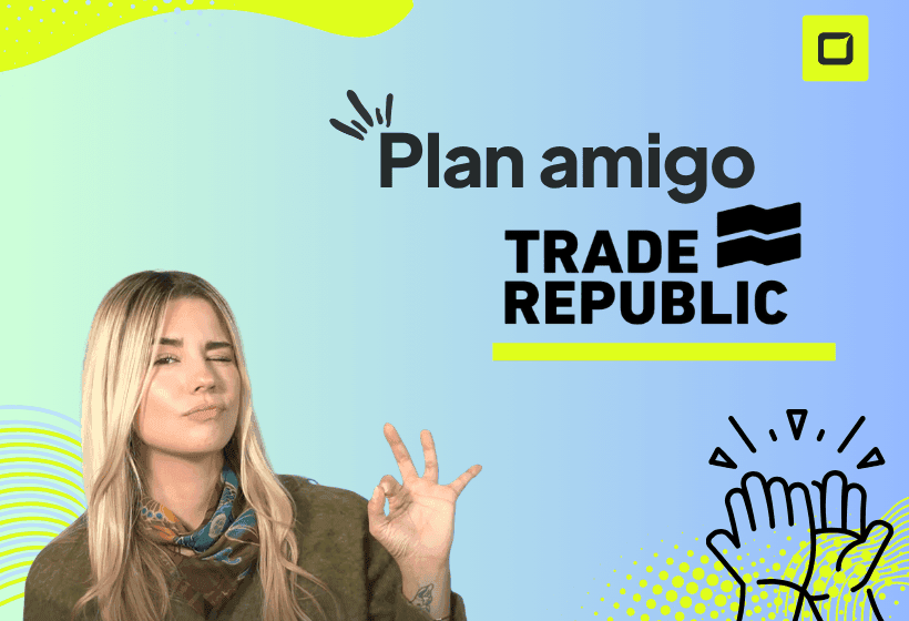 Plan amigo trade republic explicado por Paula Diaz periodísta de Rankiator con el logo y una imagen de unas manos chocandola