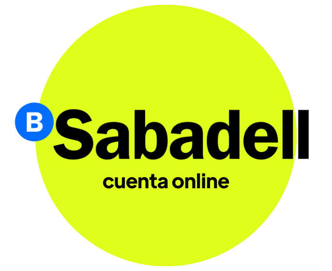 logo Banco Sabadell cuenta online sin comisiones con letras negras y fondo amarillo