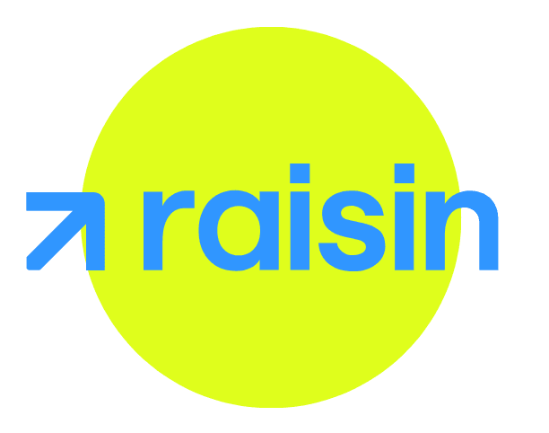 logo de raisin bank, con letras azules y fondo bicolor azul, icono de banco