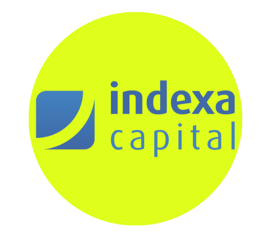 logo de indexa capital con letras azules y fondo color amarillo