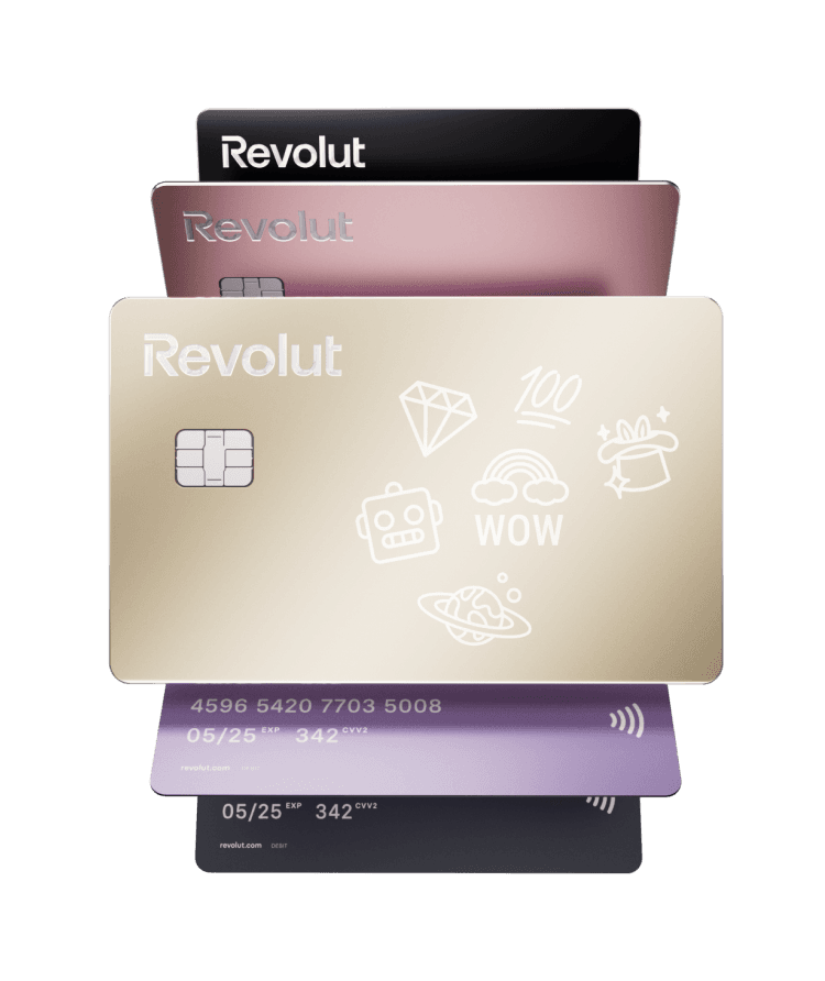 tarjetas de revolut en varios colores, sin fondo y con su logo