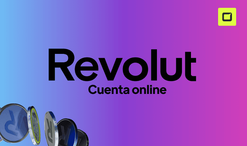 Logo de revolut online, la banca digital, con letras negras y fondo degradado morado