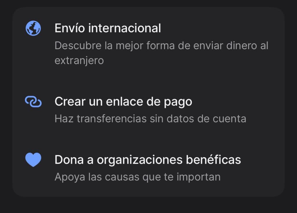 pantalla principal de app con los formatos para envio de dinero en revolut