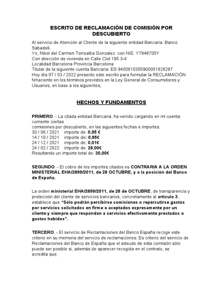 ejemplo de reclamación de comisiones por descubierto