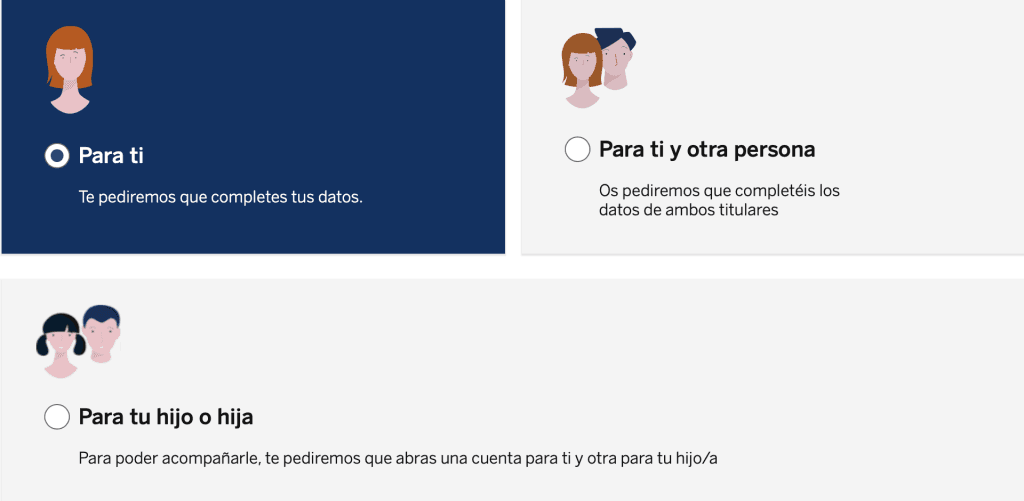 elección de para quien es la cuenta que se va aperturar con 3 recuadros que explican si es una cuenta personal, para un menor o para un tercero