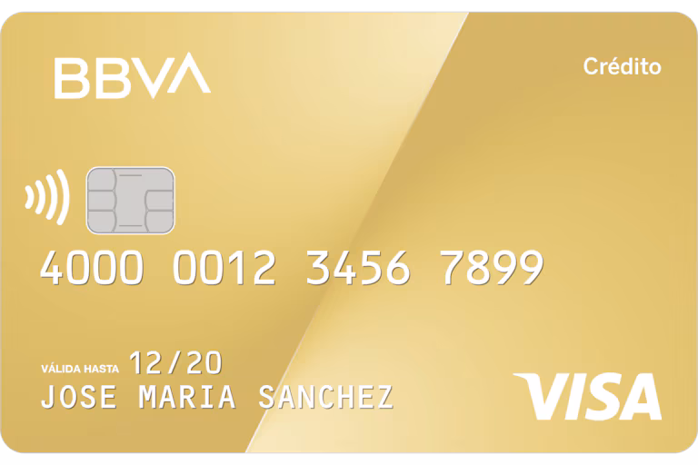 tarjeta del bbva color dorado y letras blancas con el logo del bbva