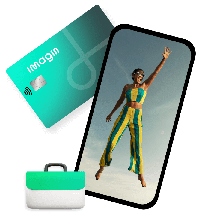 imagen de banco imagin con un telefono con una imagen de una chica volando, una tarjeta de imagin