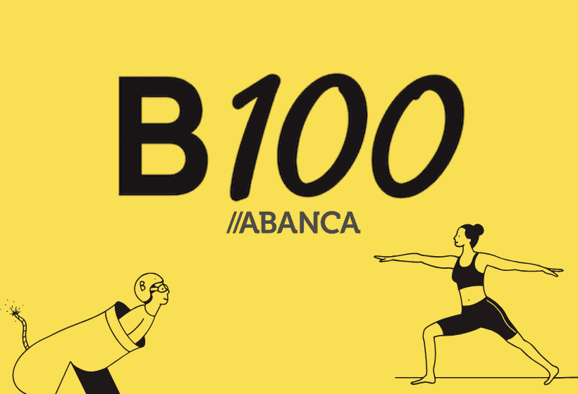 logo de banco b100 y logo de abanca, en letras negras y con fondo amarill, con dos siluetas de personas una haciendo ejercicio y otra lanzándose de un cohete