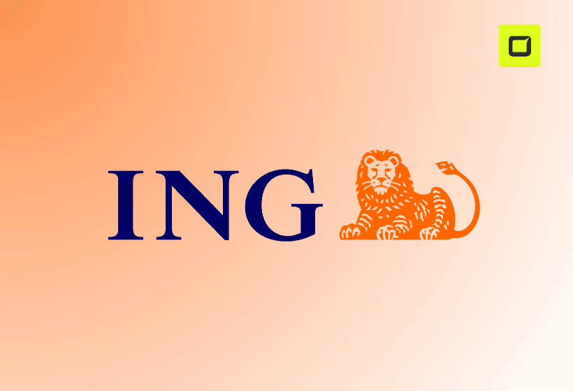 logo de ING color azul con el icono de león y fondo de color naranja