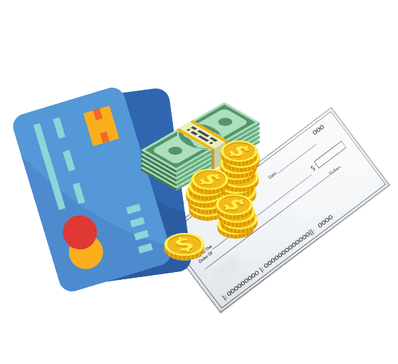 iconos de tarjetas de debito y credito, dinero en billetes y monedas y un cheque, todo lo que representa el dinero en efectivo