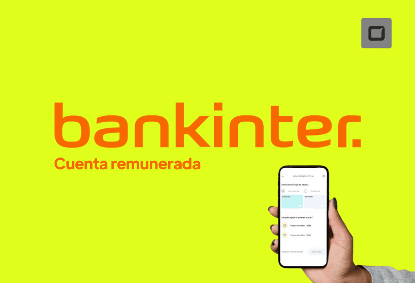 logo de bankinter cuenta remunerada o cuenta inteligente digital de bankinter con letras color naranja y fondo amarillo, con silueta de telefóno de bankinter
