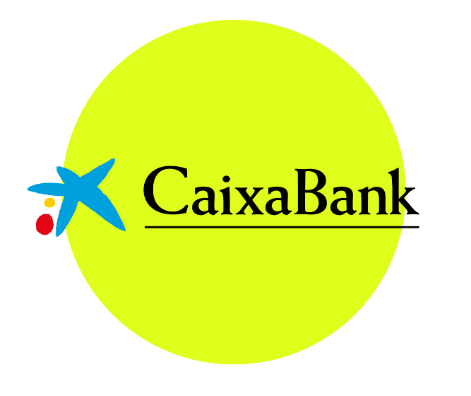 logo caixabank con letras de color y fondo color verde