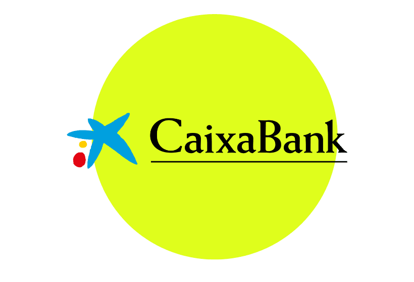 logo caixabank con letras de color y fondo color verde