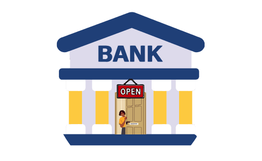Sucursal bancaria con un letrero de abierto