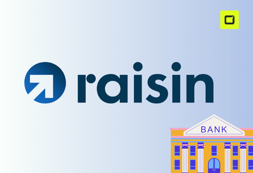 logo de raisin bank, con letras azules y fondo bicolor azul, icono de banco