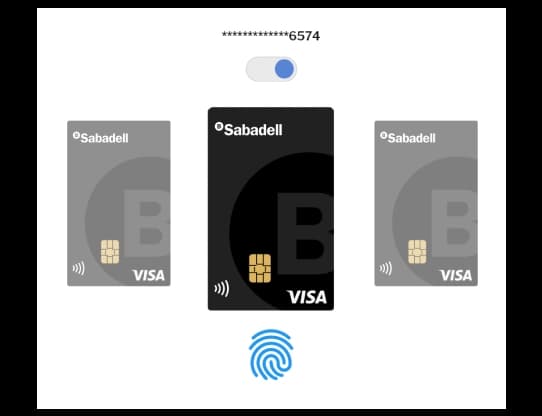 imagen de tres tarjetas de credito sabadell con un icono de huella que destaca que los usuarios opinan que es una tarjeta segura