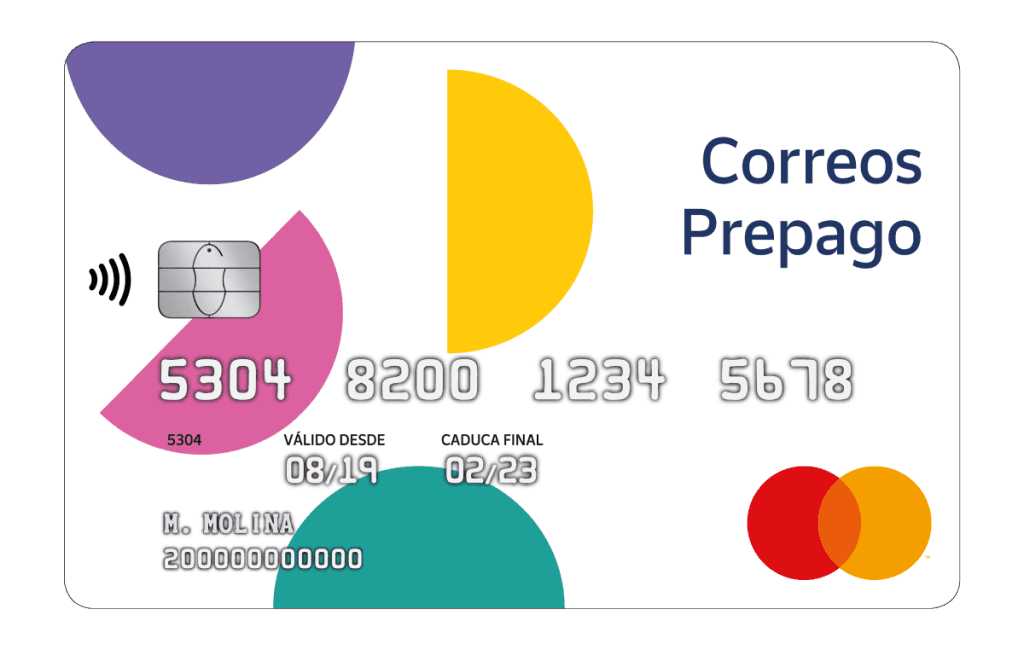 tarjeta prepago de correos, color blanca con figuras geométricas circulares de colores
