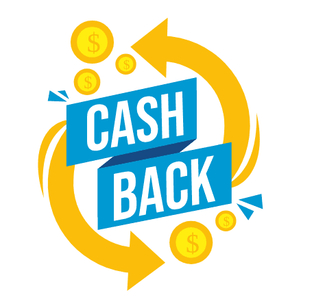 icono del cashback o devolución de dinero al comprar en color azul y con flechas y monedas color amarillo