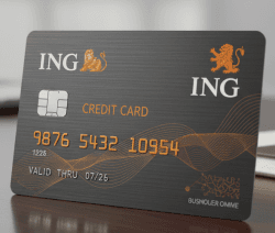 tarjeta de credito ing color gris oscuro con logo de ing y chip en su parte media derecha