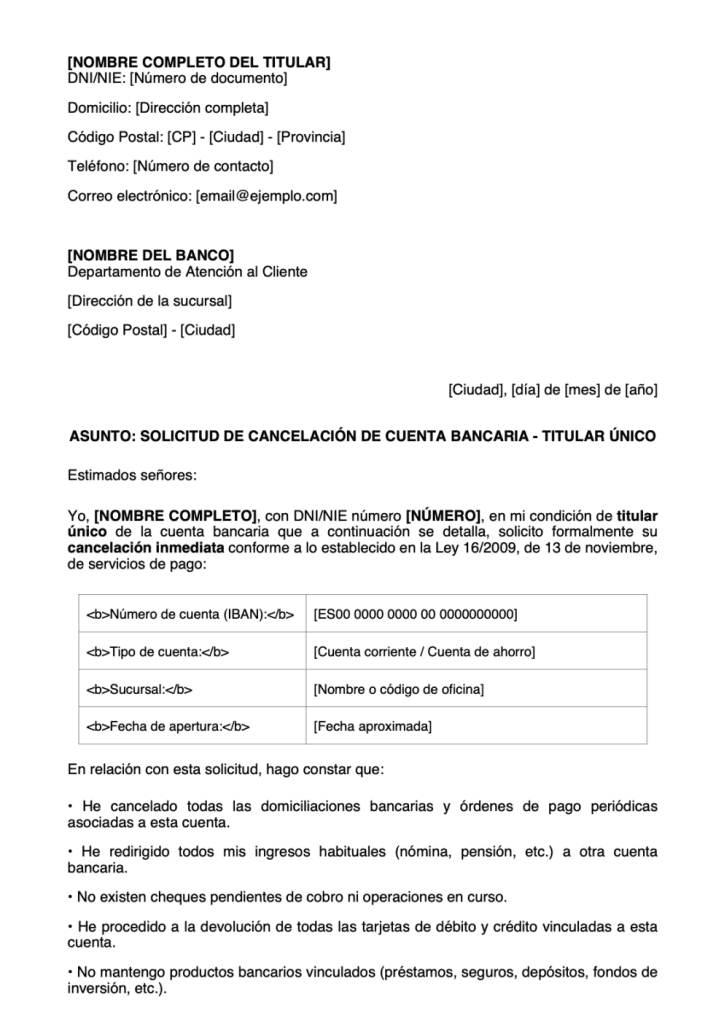 modelo de carta de cancelación de cuenta de titular unico