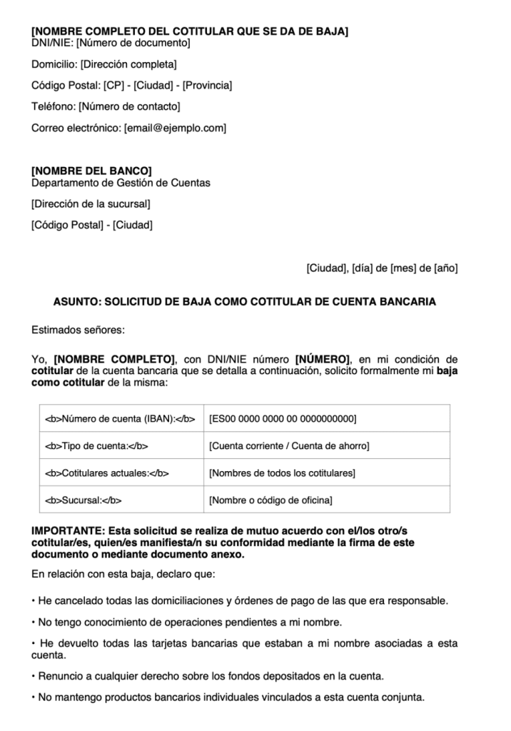 Modelo de carta cancelación cuenta cotitular, con todo el formato y rellenable