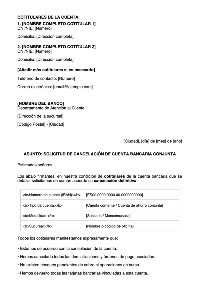 modelo de carta para cancelar cuenta conjunta