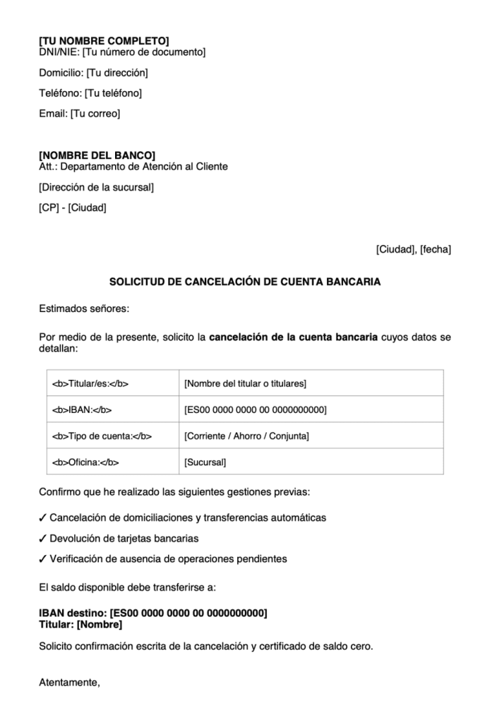 Modelo de carta para cancelar una cuenta bancaria, carta genérica