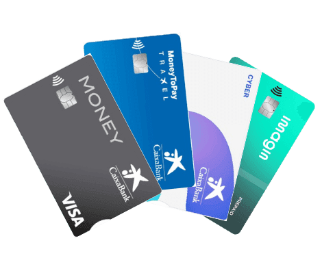 4 tarjetas prepago de caixaBank, con diferentes colores