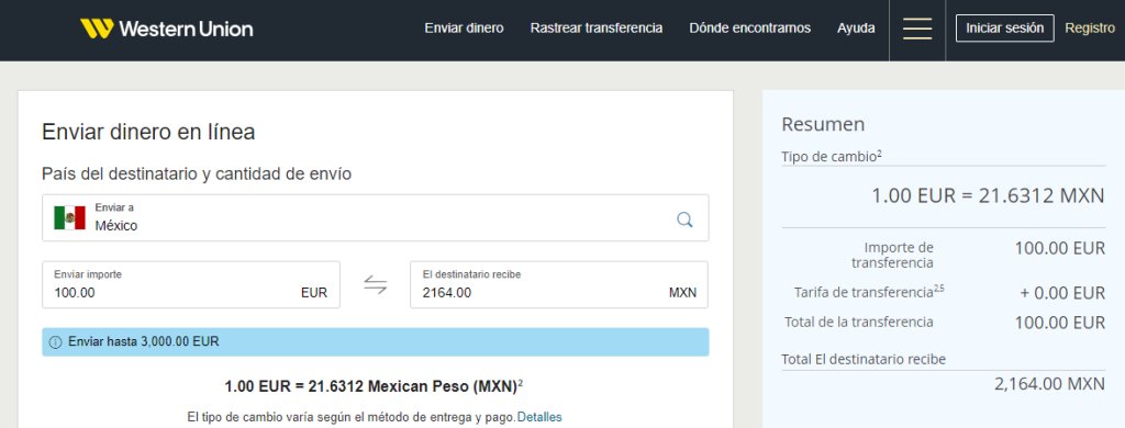 captura de pantalla de como hacer una transferencia internacional a mexico