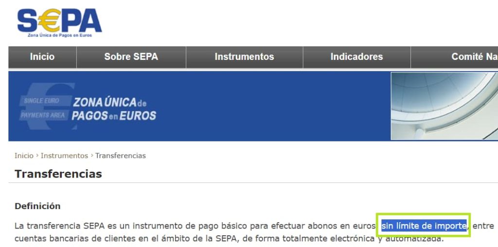 pantallazo de la web oficial SEPA con la norma sobre el limite de importe de las transferencias sepa