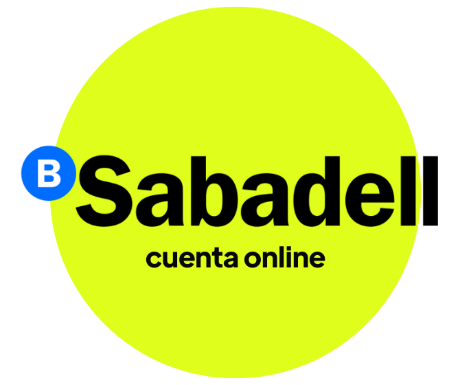logo Banco Sabadell cuenta online sin comisiones con letras negras y fondo amarillo