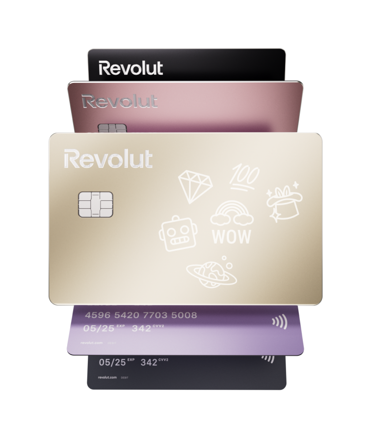 tarjetas de revolut en varios colores, sin fondo y con su logo