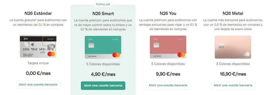 diferentes tipos de cuentas y planes de n26
