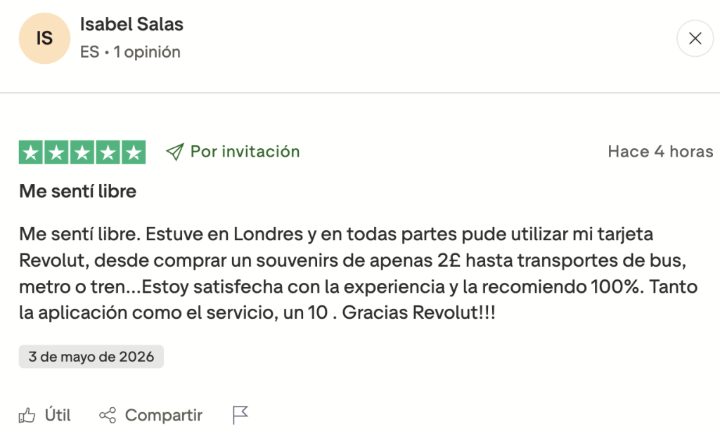 reeña positiva sobre revolut de cinco estrellas del usuario real Isabel Salas Trust Pilot