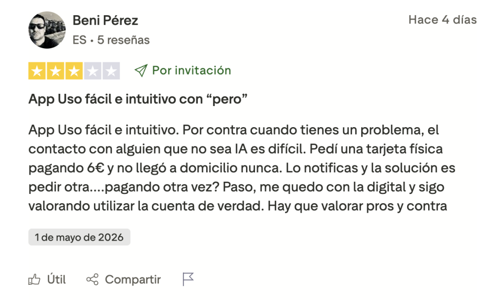 Reseña de TrustPilot sobre cosas a mejorar e Revolut por parte del usuario real Beni Pérez